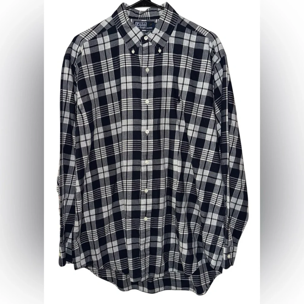 Polo Ralph Lauren Blake Shirt Large Navy Blue White Long Sleeve Plaid Button Up - Picture 3 of 10